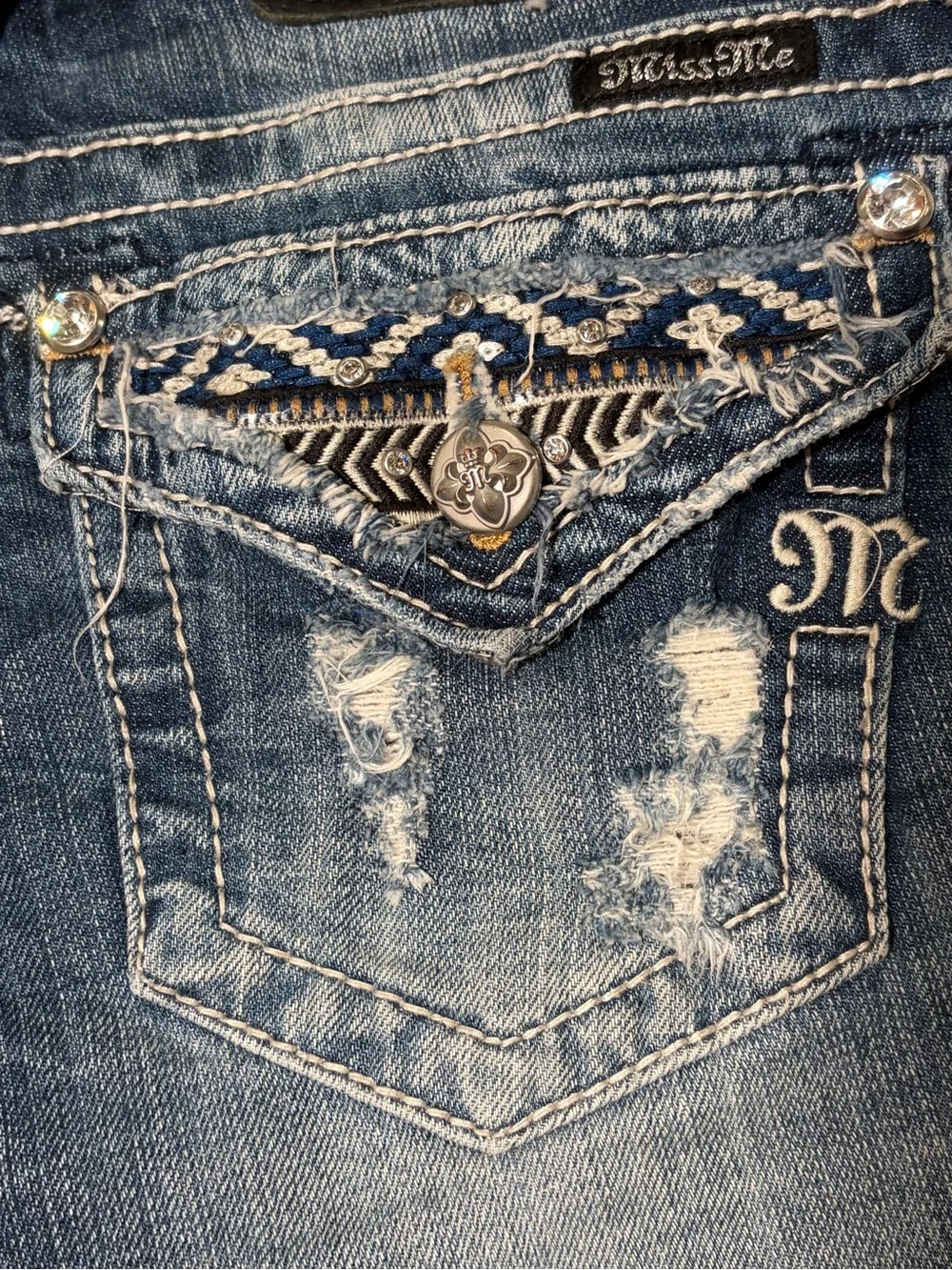 Miss Me Aztec Patch Distressed Denim Cutoff Shorts Size 27 Sequin Geometric